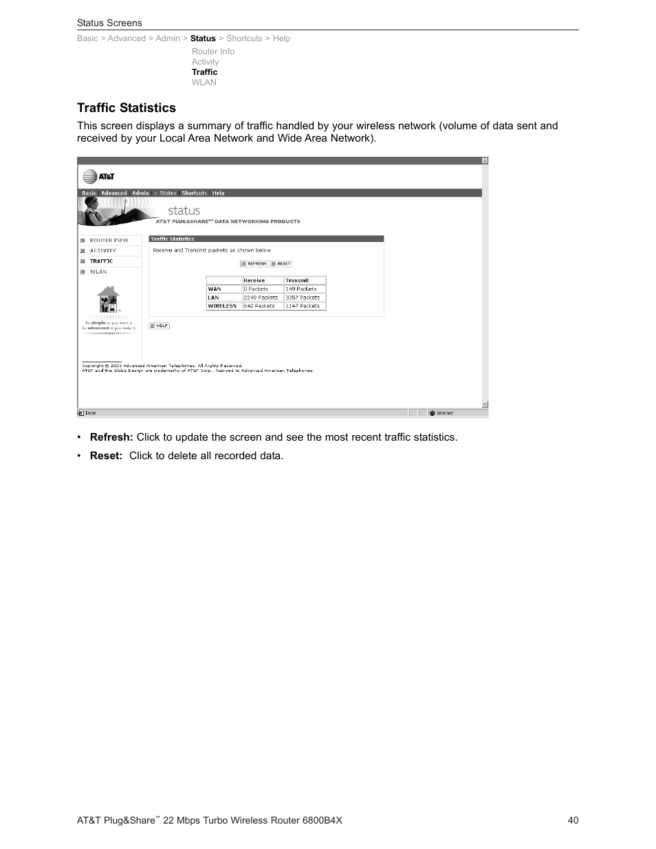 Traffic statistics | AT&T PLUG&SHARETM 6800B4X User Manual | Page 40 / 77