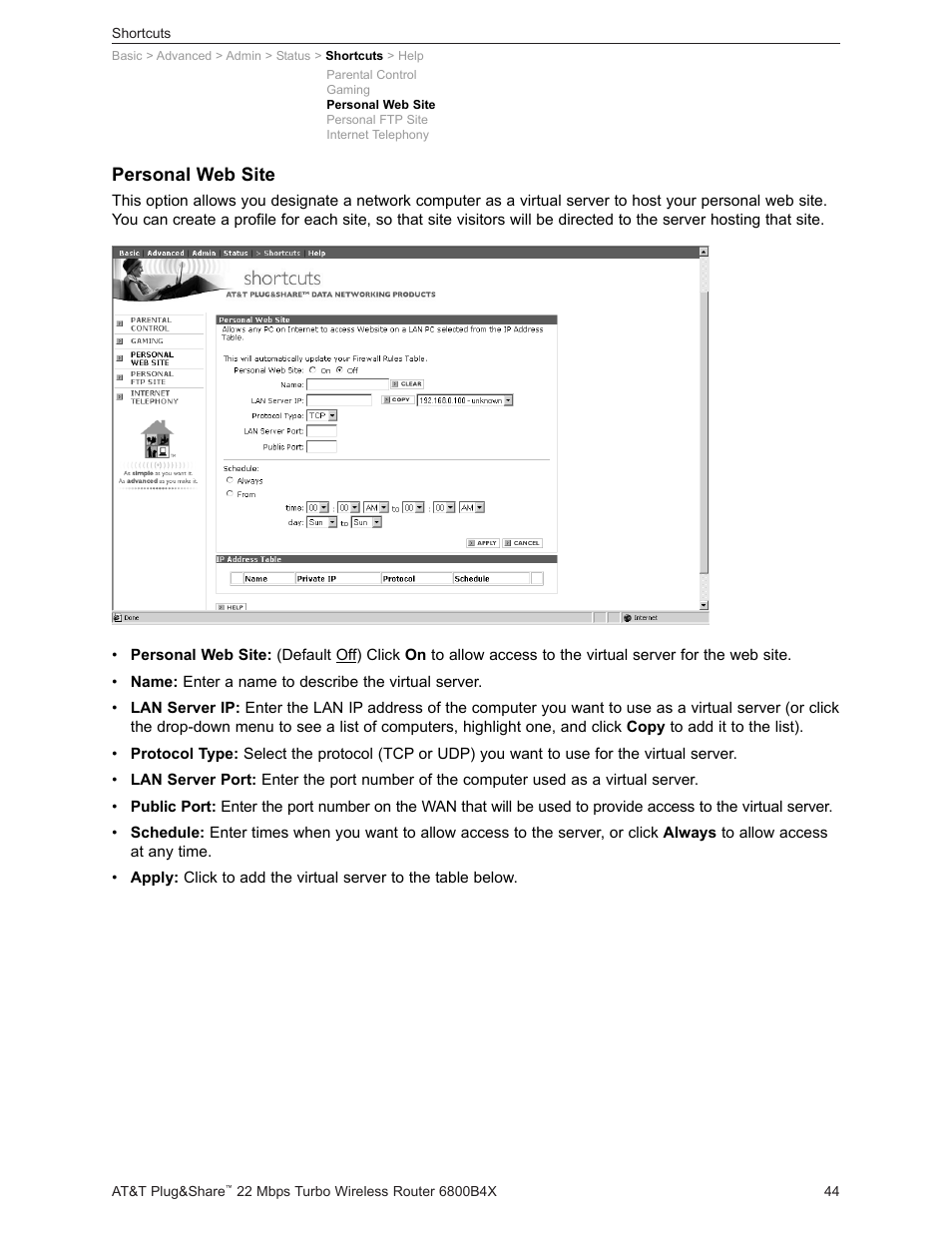 Personal web site | AT&T PLUG&SHARETM 6800B4X User Manual | Page 44 / 77