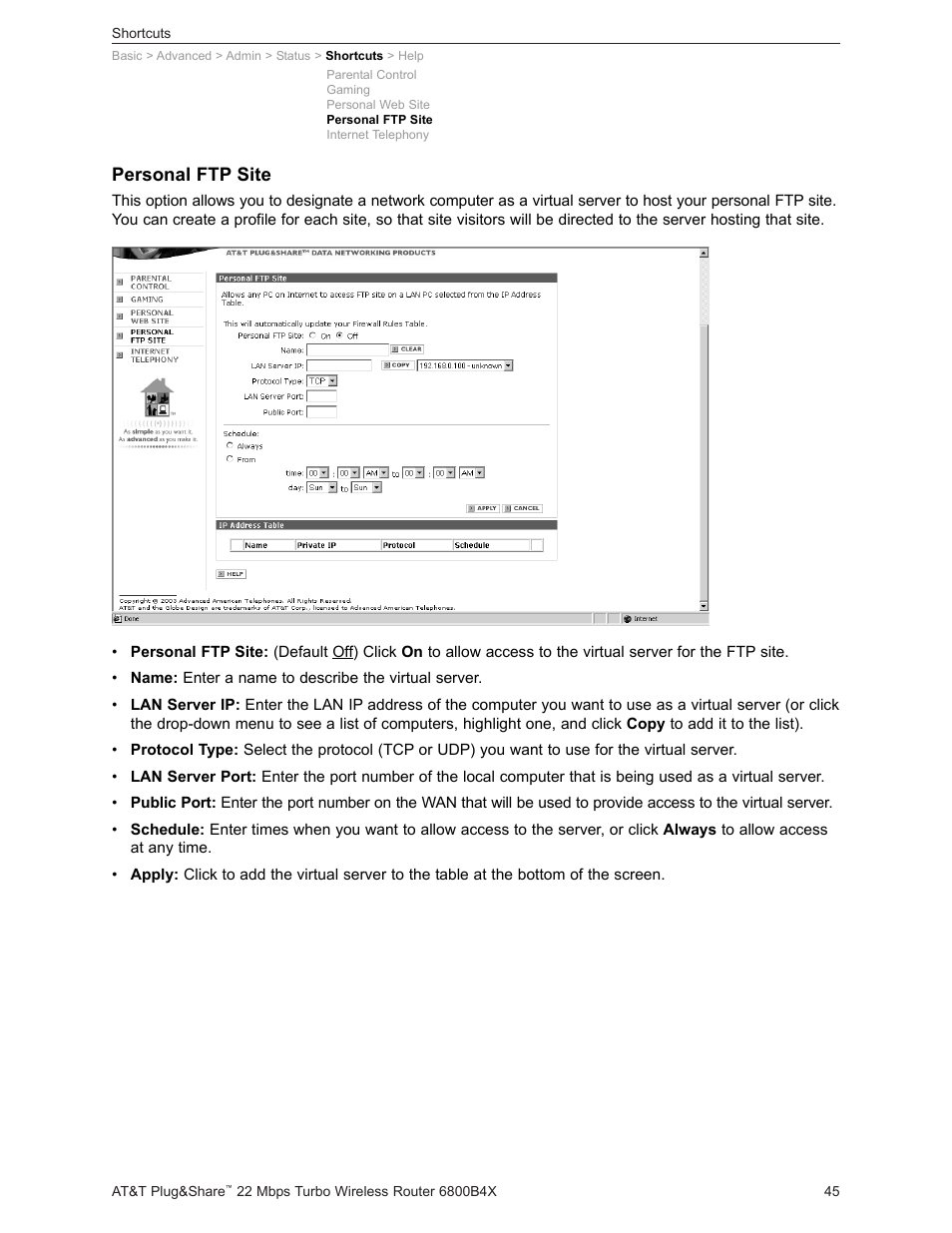 Personal ftp site | AT&T PLUG&SHARETM 6800B4X User Manual | Page 45 / 77