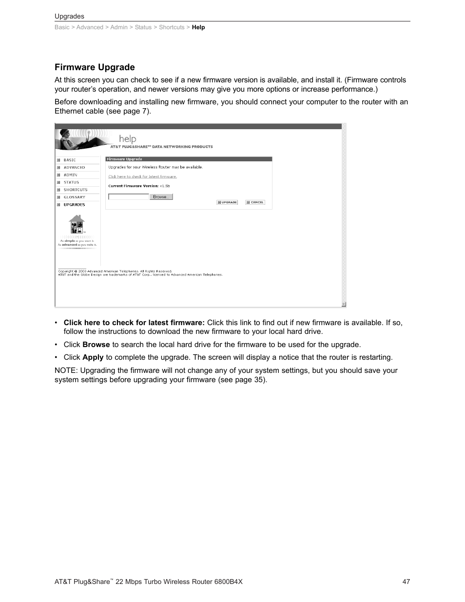 Firmware upgrade | AT&T PLUG&SHARETM 6800B4X User Manual | Page 47 / 77