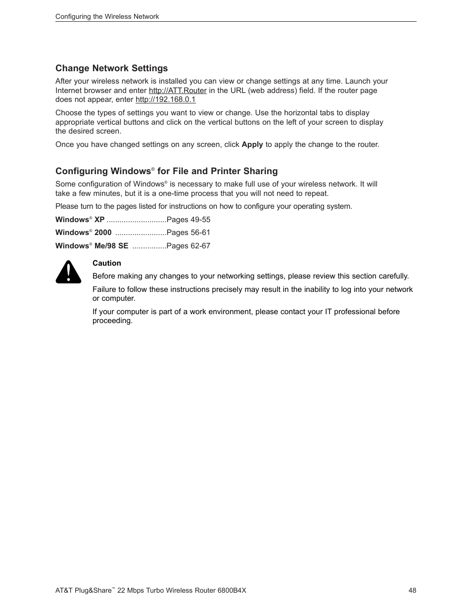 Change network settings, Configuring windows, For file and printer sharing | AT&T PLUG&SHARETM 6800B4X User Manual | Page 48 / 77