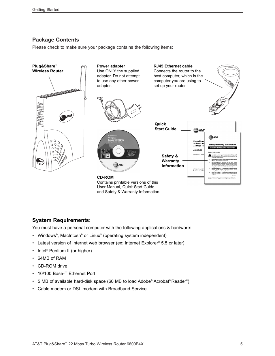 Package contents, System requirements | AT&T PLUG&SHARETM 6800B4X User Manual | Page 5 / 77