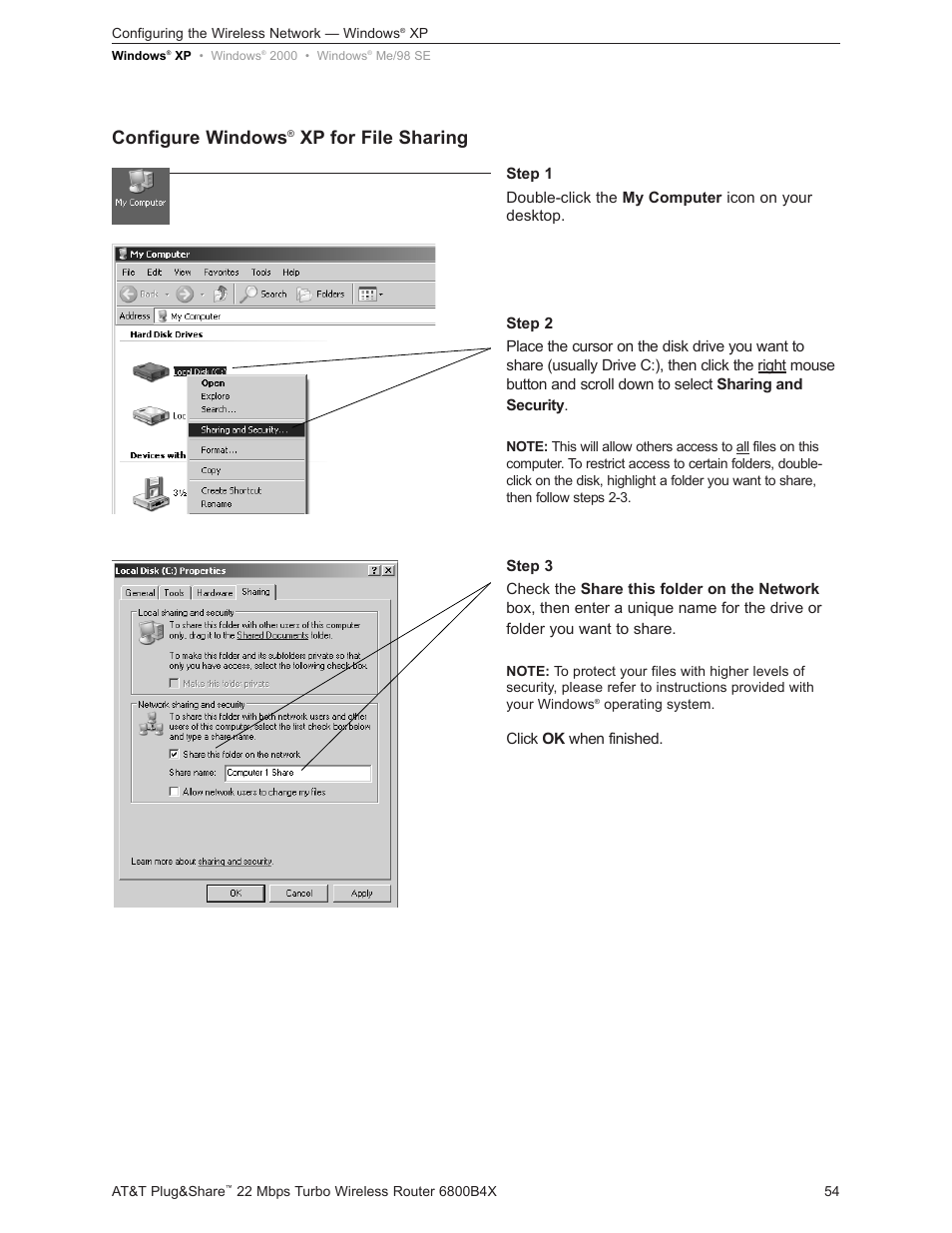 Configure windows, Xp for file sharing | AT&T PLUG&SHARETM 6800B4X User Manual | Page 54 / 77