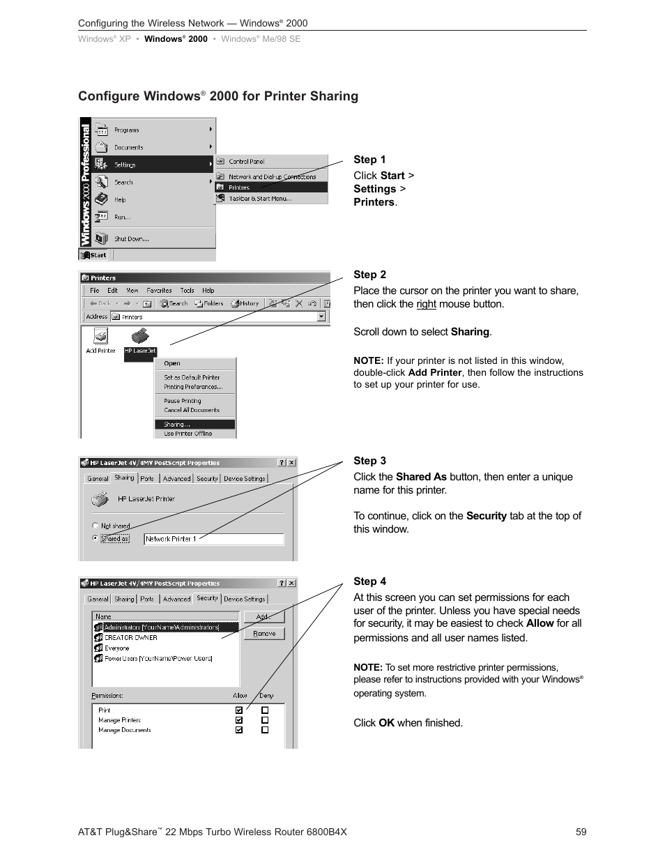 Configure windows, 2000 for printer sharing | AT&T PLUG&SHARETM 6800B4X User Manual | Page 59 / 77