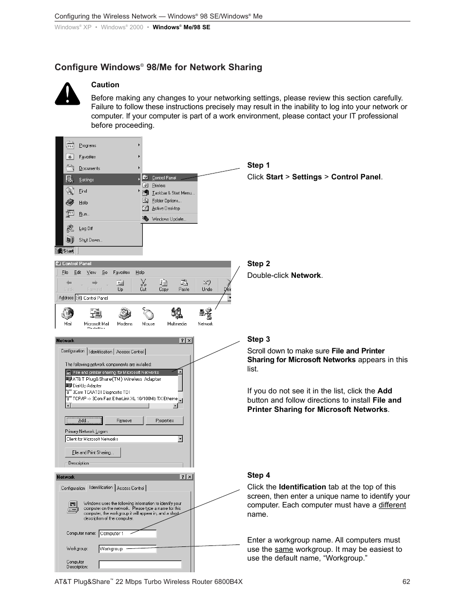 Configure windows, 98/me for network sharing | AT&T PLUG&SHARETM 6800B4X User Manual | Page 62 / 77