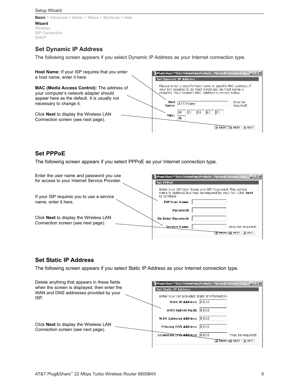 Set dynamic ip address, Set pppoe, Set static ip address | AT&T PLUG&SHARETM 6800B4X User Manual | Page 9 / 77