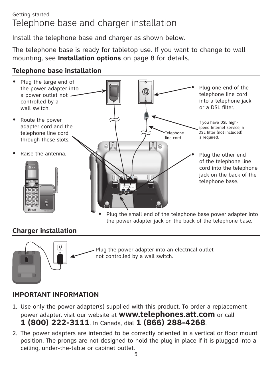 Telephone base and charger installation, Telephone base installation, Charger installation | Telephone base and charger | AT&T CL81201 User Manual | Page 10 / 72