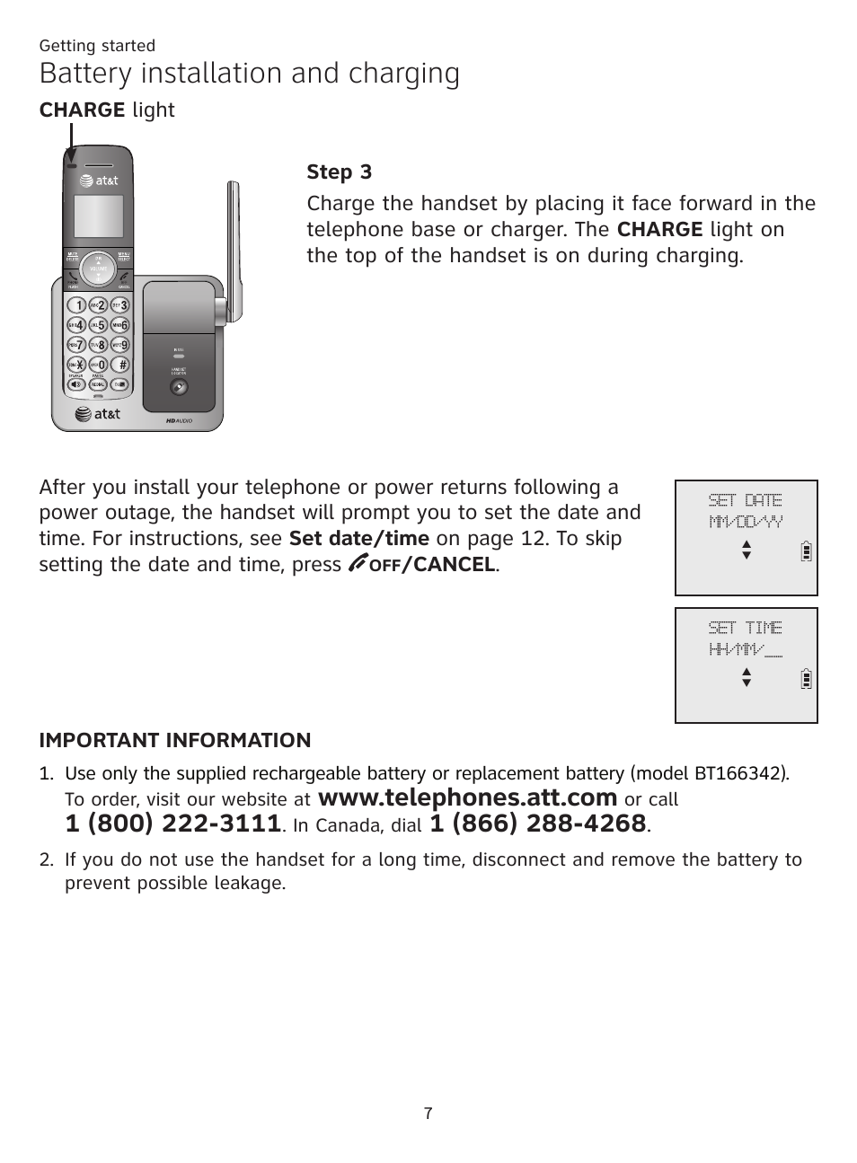 Battery installation and charging, Cancel | AT&T CL81201 User Manual | Page 12 / 72