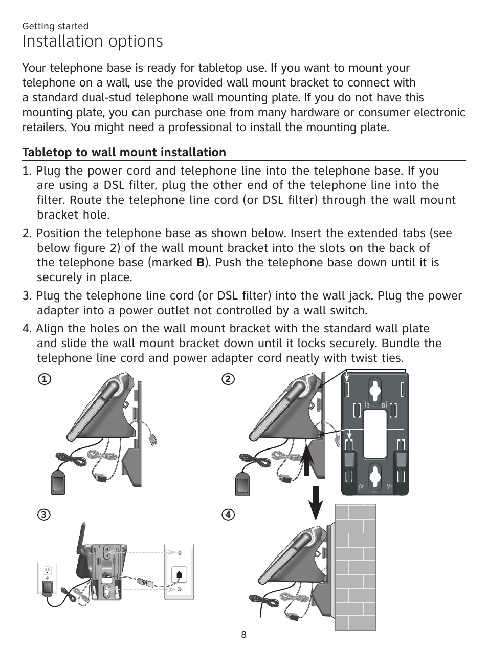 Installation options, Tabletop to wall mount installation, Tabletop to wall mount | Installation | AT&T CL81201 User Manual | Page 13 / 72