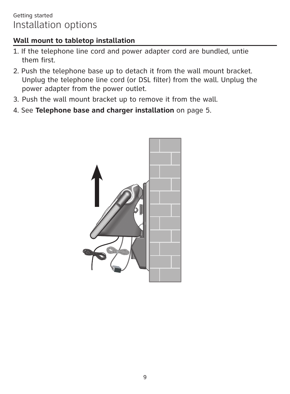 Wall mount to tabletop installation, Wall mount to tabletop, Installation | Installation options | AT&T CL81201 User Manual | Page 14 / 72