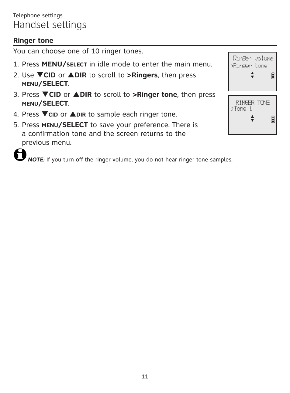 Ringer tone, Handset settings, Select . 4. press q | Or p | AT&T CL81201 User Manual | Page 16 / 72