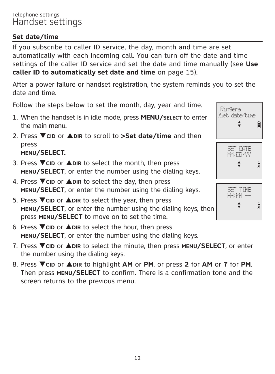 Set date/time, Handset settings, Or p | Select. 3. press q, Select to move on to set the time. 6. press q | AT&T CL81201 User Manual | Page 17 / 72