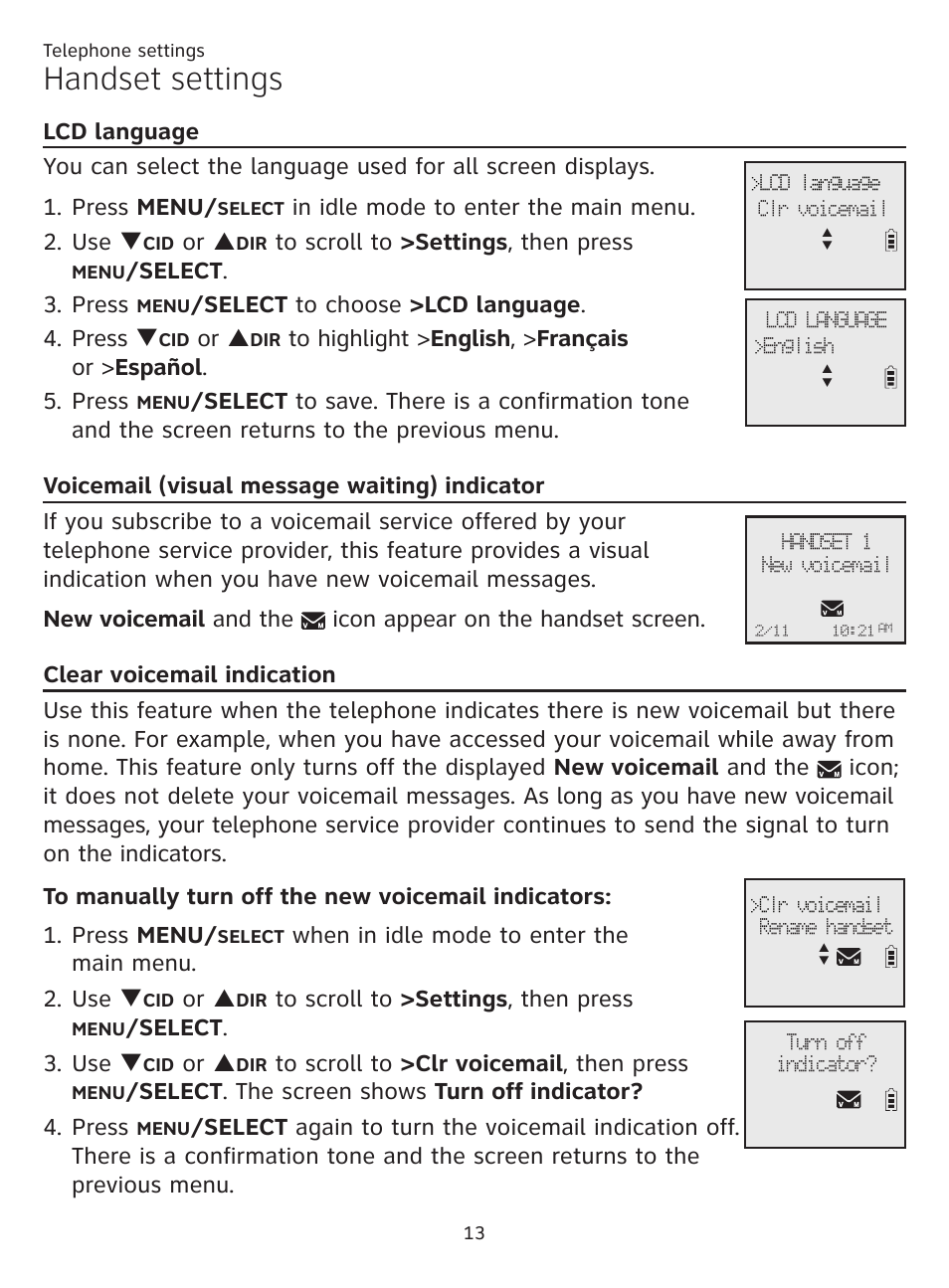 Clear voicemail indication, Voicemail (visual message waiting) indicator, Lcd language | Lcd language voicemail (visual message, Waiting) indicator, Handset settings, Or p, Select . 3. press, Select to choose >lcd language . 4. press q, When in idle mode to enter the main menu. 2. use q | AT&T CL81201 User Manual | Page 18 / 72