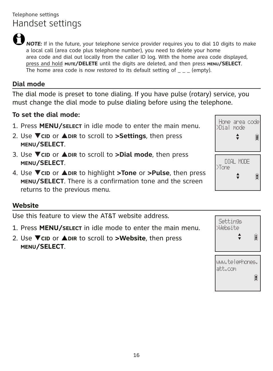 Telephone settings, Dial mode website, Telephone | Handset settings, Or p, Select . 3. use q, Select . 4. use q, Select | AT&T CL81201 User Manual | Page 21 / 72