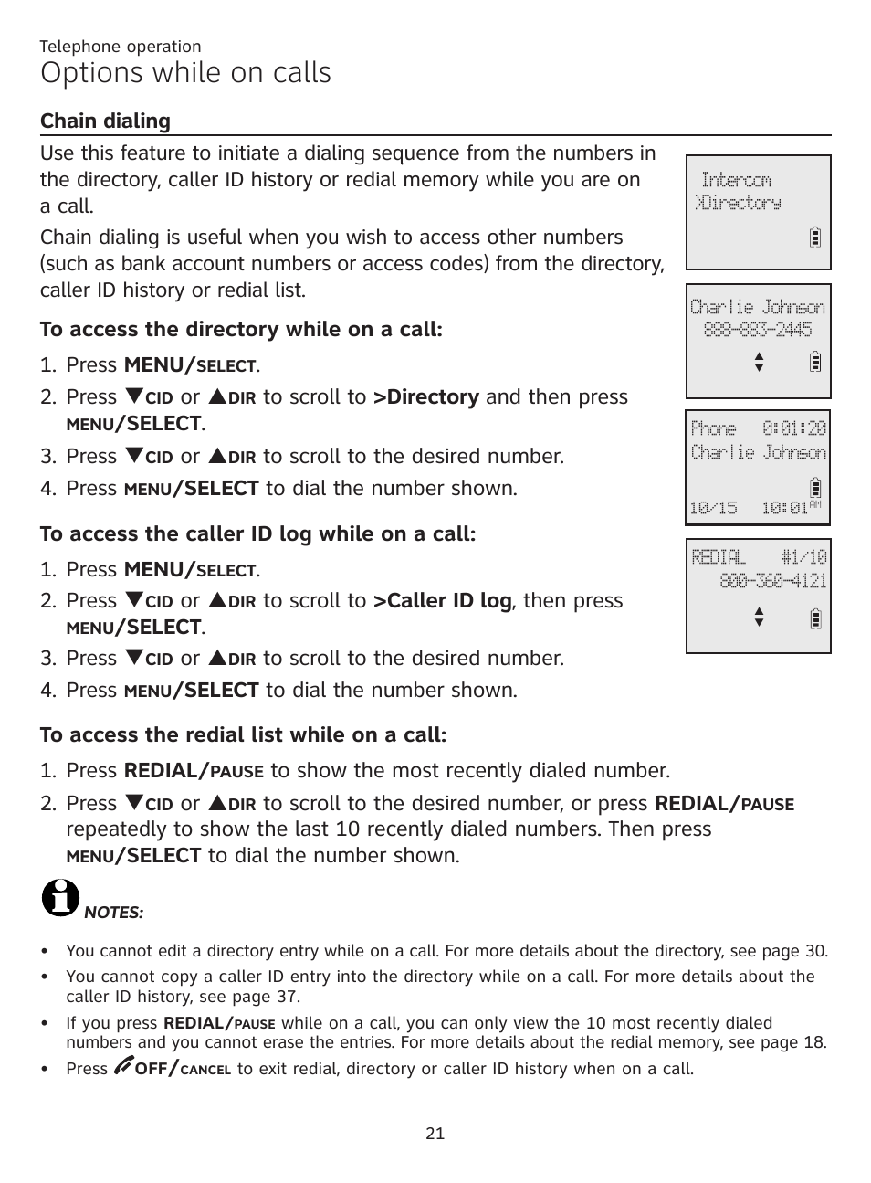 Chain dialing, Options while on calls, Press q | Or p, Select . 3. press q, Select to dial the number shown | AT&T CL81201 User Manual | Page 26 / 72