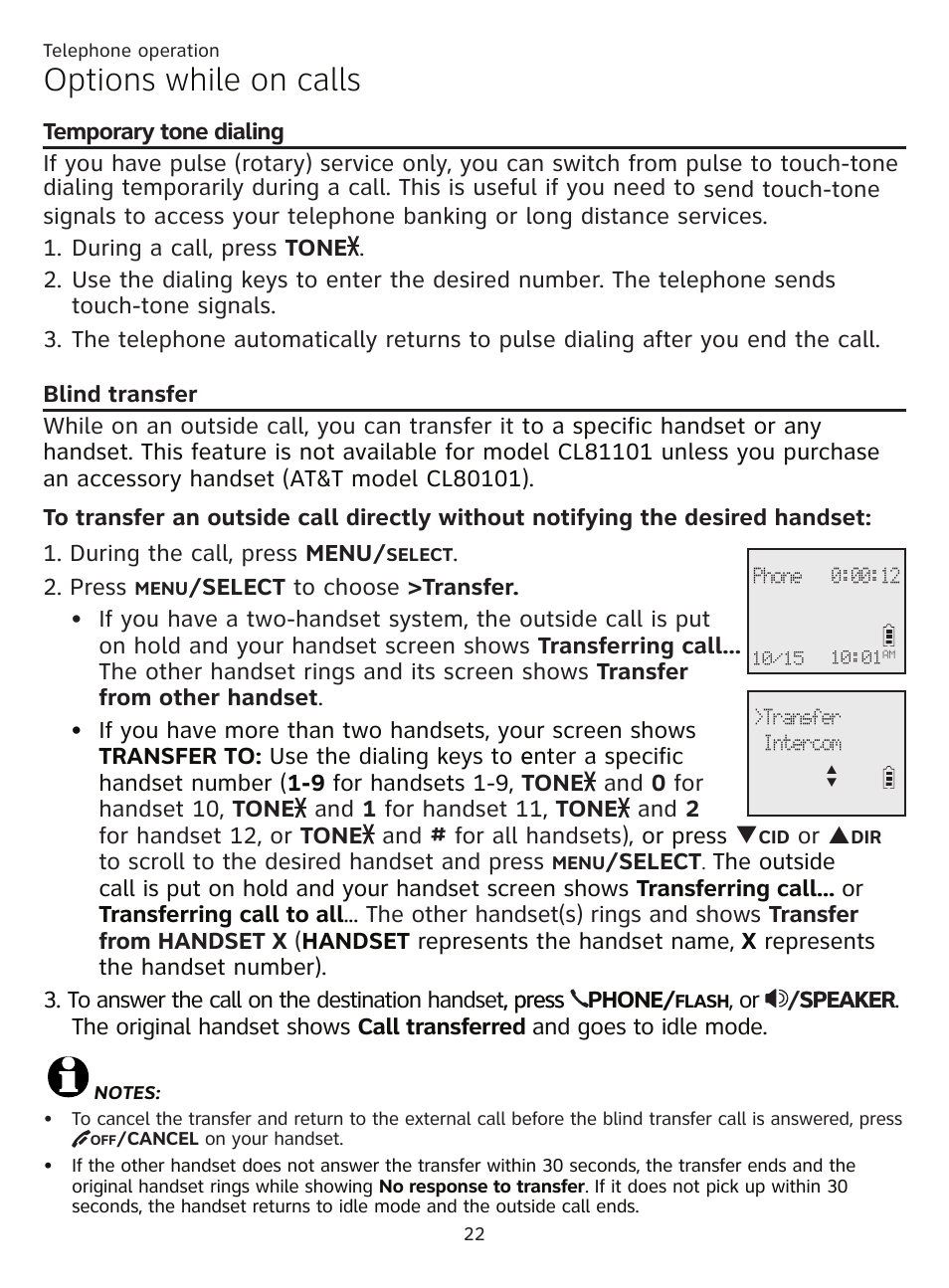 Blind transfer, Temporary tone dialing, Temporary tone dialing blind transfer | Options while on calls | AT&T CL81201 User Manual | Page 27 / 72