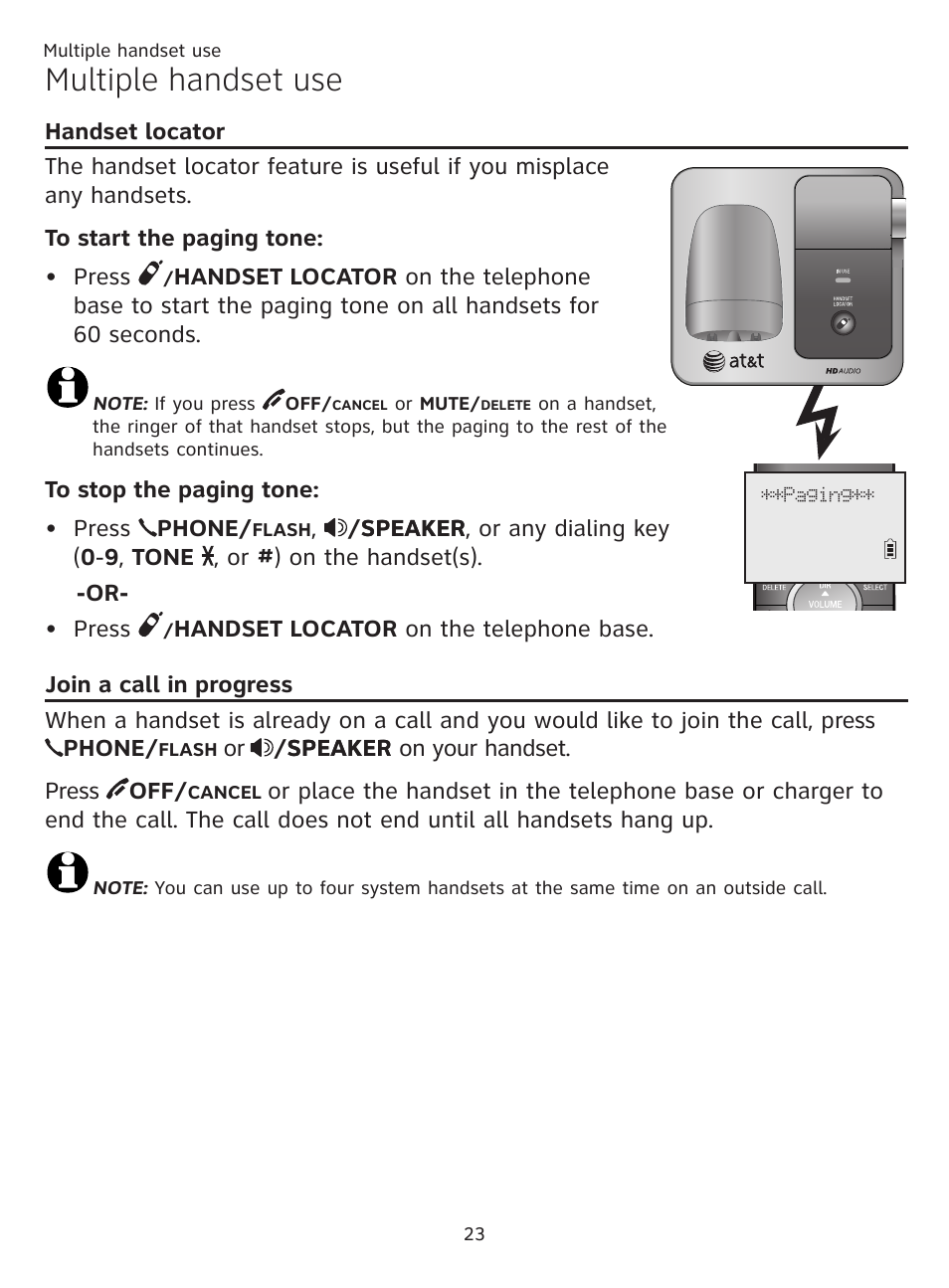 Multiple handset use, Handset locator, Join a call in progress | Handset locator join a call in progress | AT&T CL81201 User Manual | Page 28 / 72