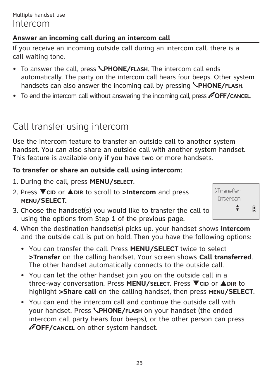 Answer an incoming call during an intercom call, Call transfer using intercom, Answer an incoming call during | An intercom call, Intercom | AT&T CL81201 User Manual | Page 30 / 72