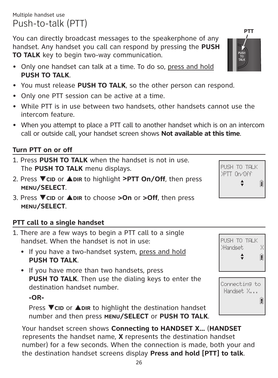 Push-to-talk (ptt), Turn ptt on or off, Ptt call to a single handset | Turn ptt on or off ptt call to a single handset, Or p, Select . 3. press q | AT&T CL81201 User Manual | Page 31 / 72