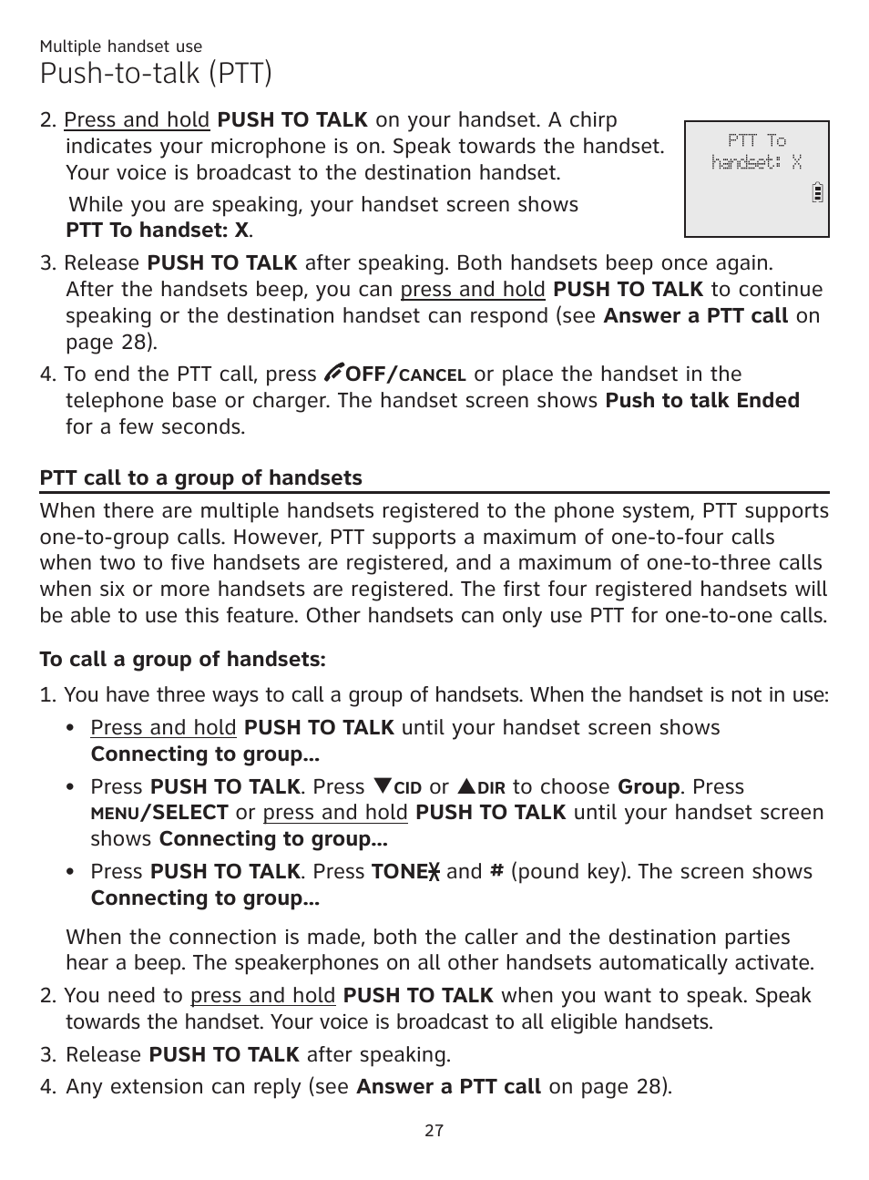 Ptt call to all handsets, Ptt call to a group of handsets, Push-to-talk (ptt) | AT&T CL81201 User Manual | Page 32 / 72