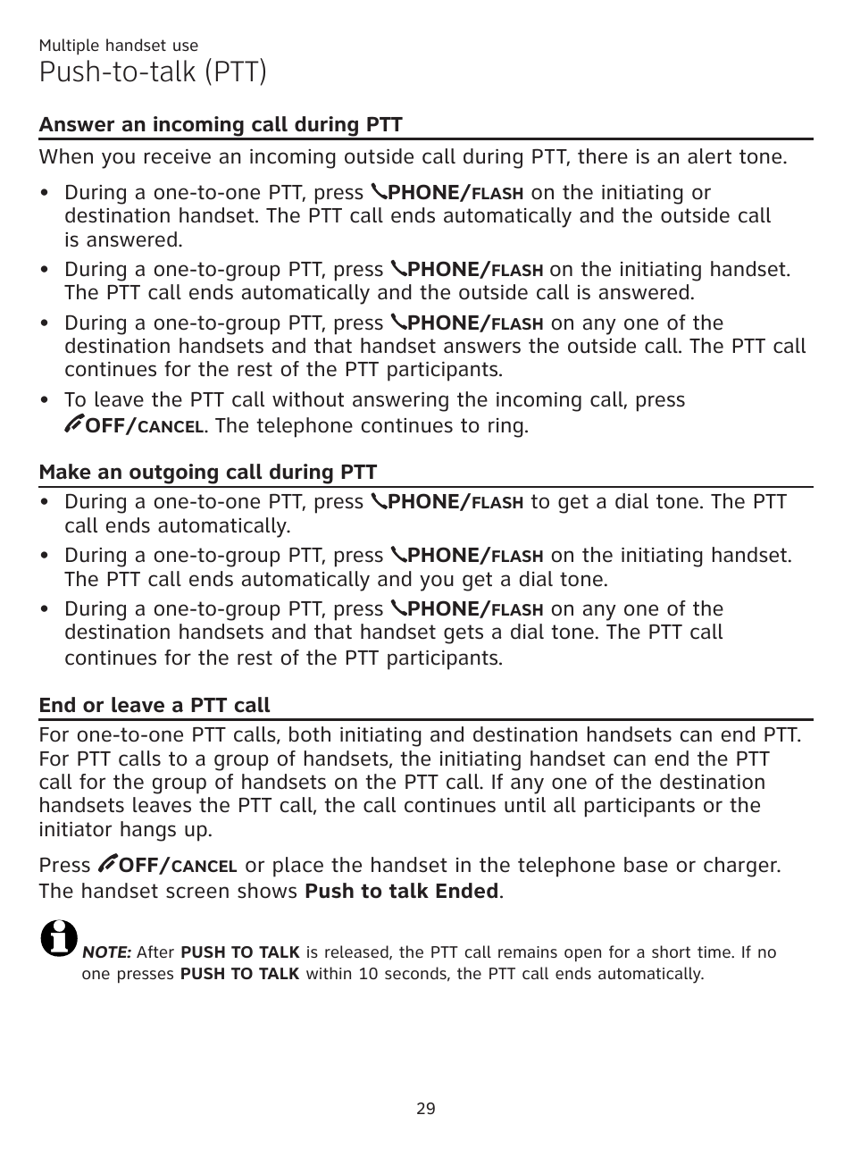 End or leave a ptt call, Make an outgoing call during ptt, Answer an incoming call during ptt | Answer an incoming call during, Push-to-talk (ptt) | AT&T CL81201 User Manual | Page 34 / 72