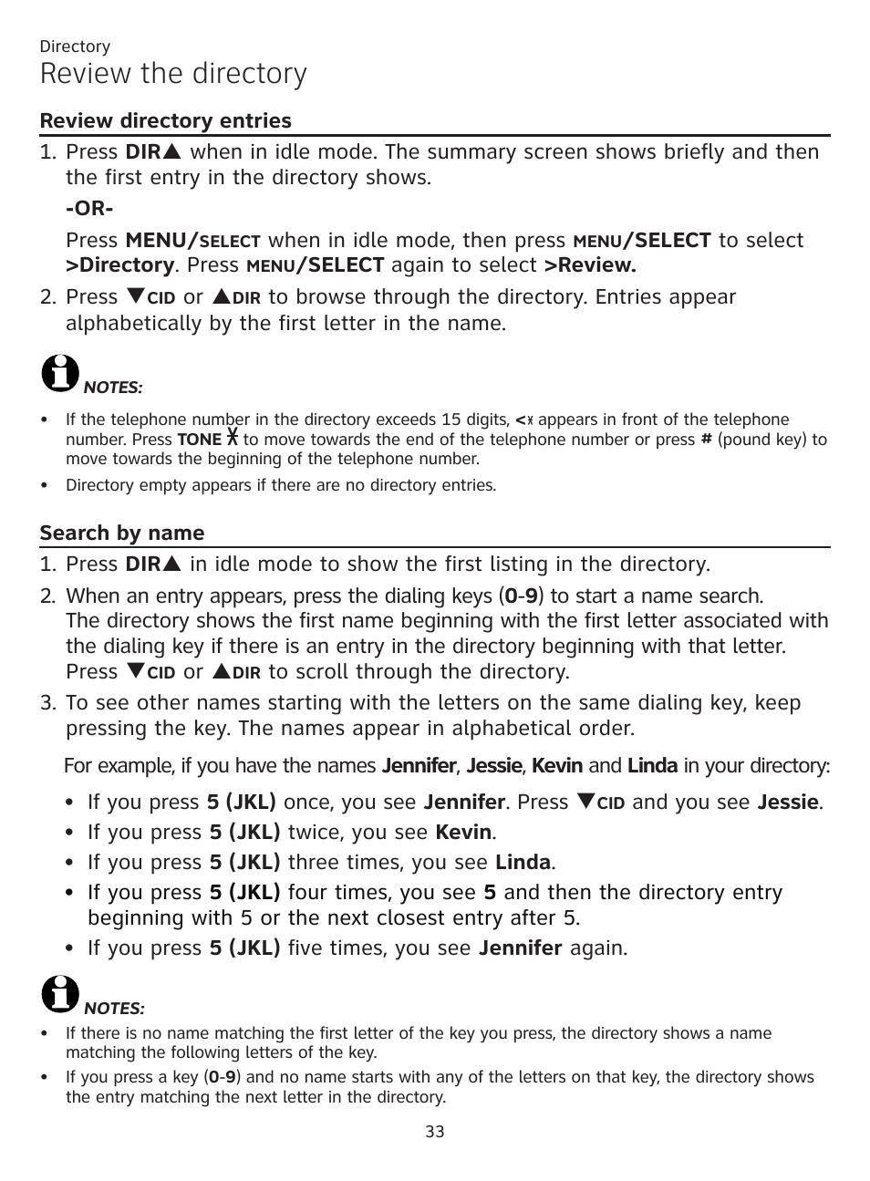 Review the directory, Review directory entries, Search by name | Review directory entries search by name | AT&T CL81201 User Manual | Page 38 / 72