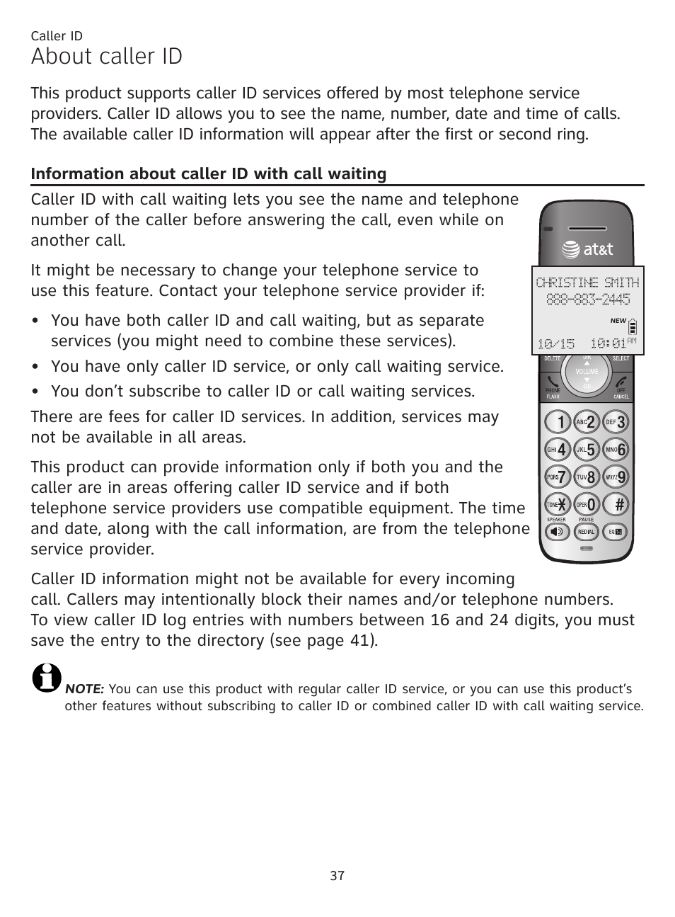 Caller id, About caller id, Information about caller id with call waiting | Information about caller id with, Call waiting | AT&T CL81201 User Manual | Page 42 / 72