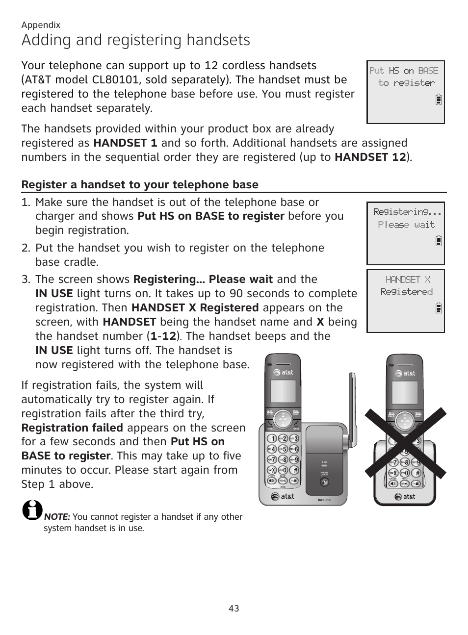 Appendix, Adding and registering handsets, Register a handset to your telephone base | Register a handset to your, Telephone base | AT&T CL81201 User Manual | Page 48 / 72