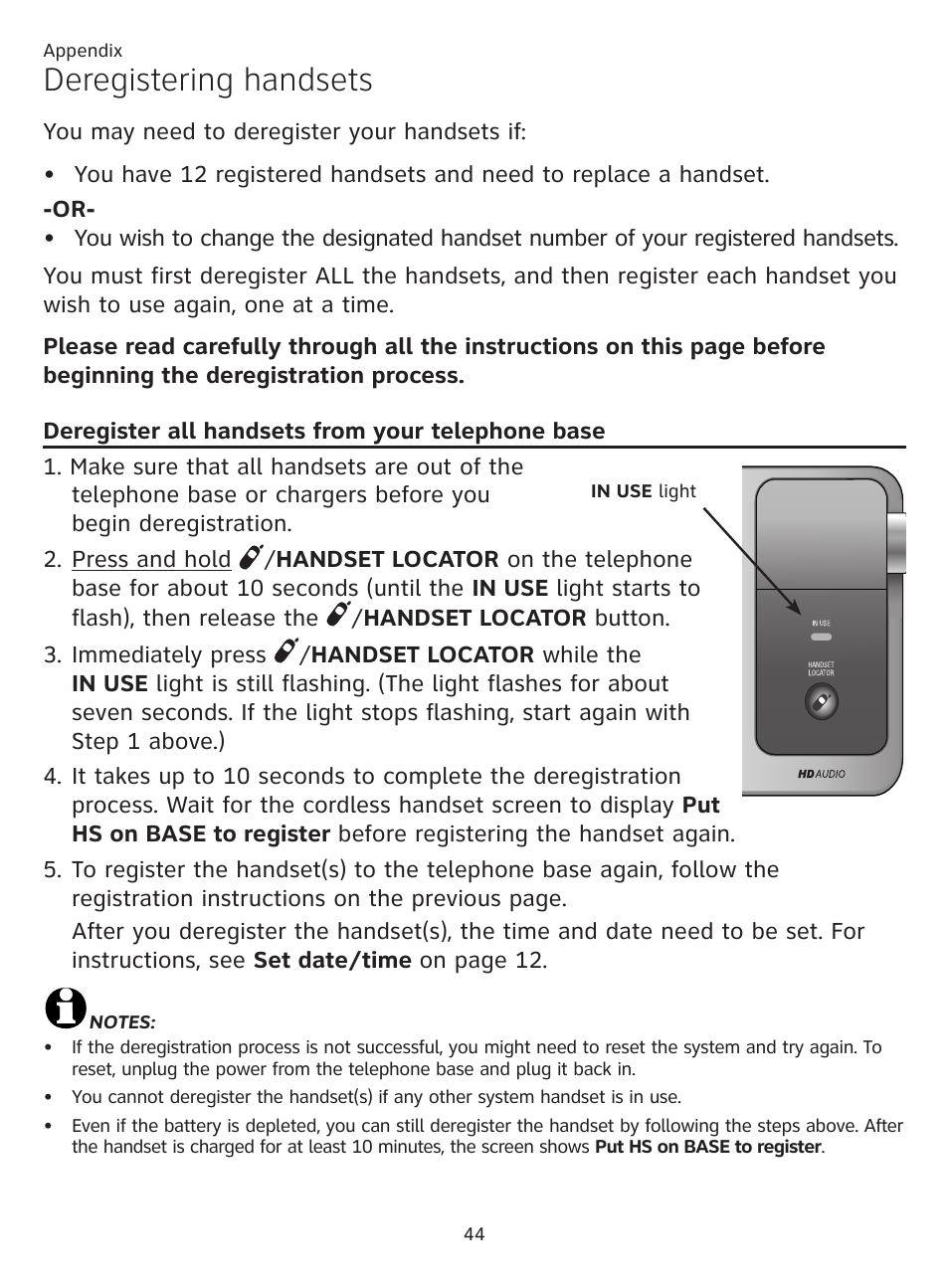 Deregistering handsets, Deregister all handsets from your telephone base, Deregister all handsets from | Your telephone base | AT&T CL81201 User Manual | Page 49 / 72