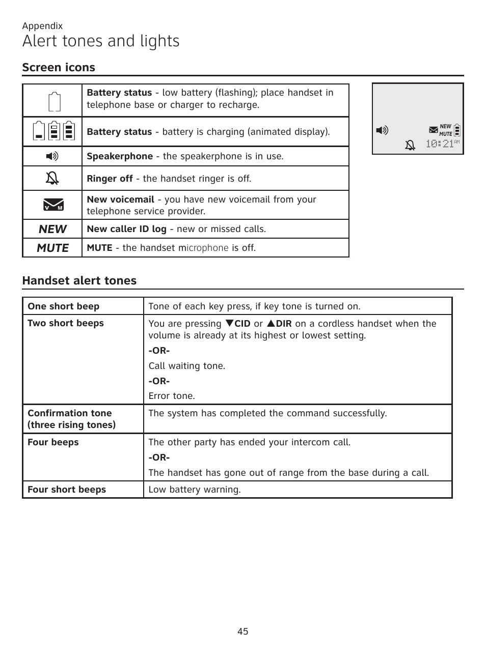 Alert tones and lights, Screen icons, Handset alert tones | Screen icons handset alert tones, Mute | AT&T CL81201 User Manual | Page 50 / 72