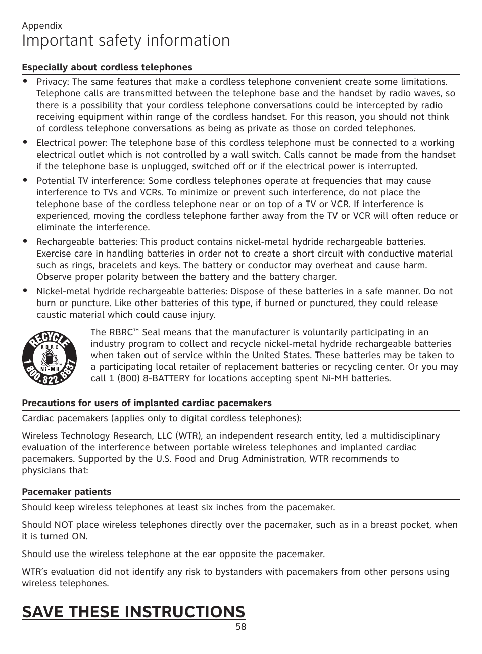 Especially about cordless telephones, Pacemaker patients, Especially about cordless | Telephones, Precautions for users of implanted, Cardiac pacemakers, Important safety information, Save these instructions | AT&T CL81201 User Manual | Page 63 / 72