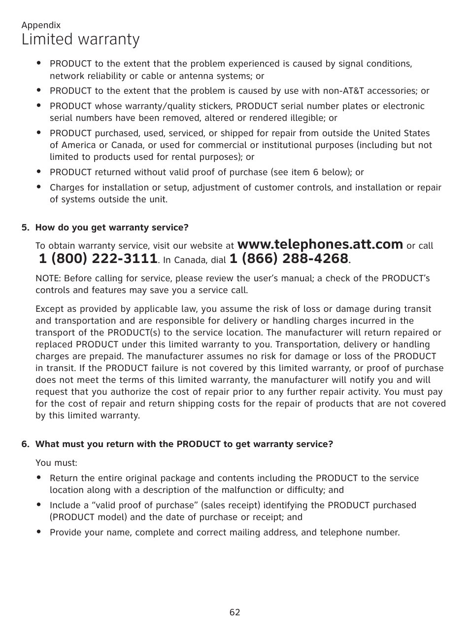 Limited warranty | AT&T CL81201 User Manual | Page 67 / 72