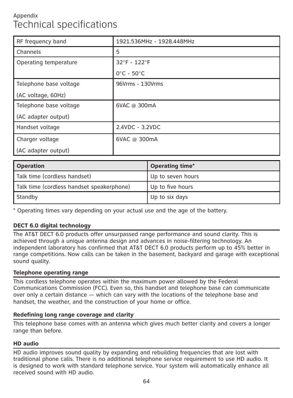 Technical specifications, Dect 6.0 digital technology, Telephone operating range | Redefining long range coverage and clarity, And clarity, Hd audio | AT&T CL81201 User Manual | Page 69 / 72