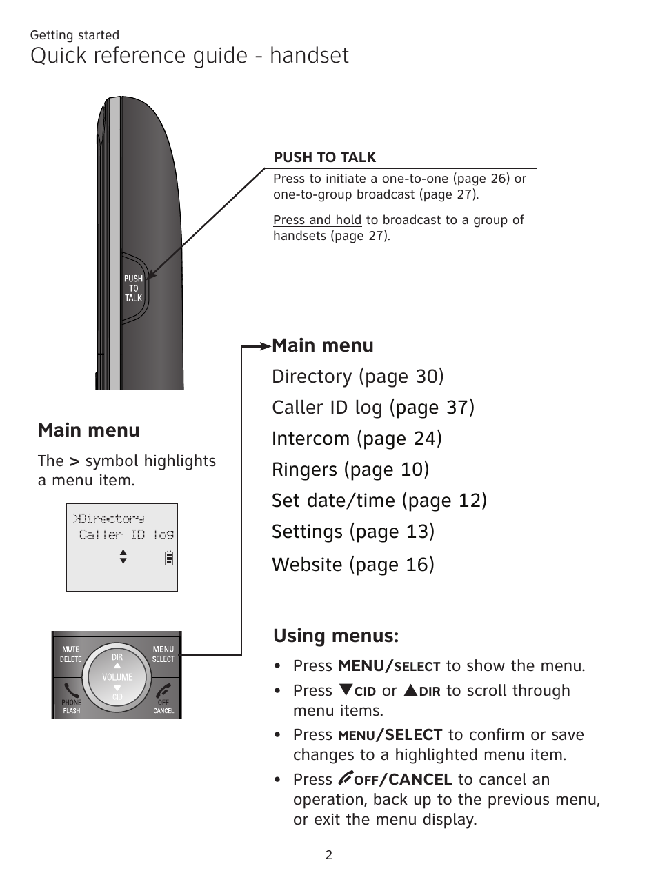 Quick reference guide - handset, Main menu | AT&T CL81201 User Manual | Page 7 / 72