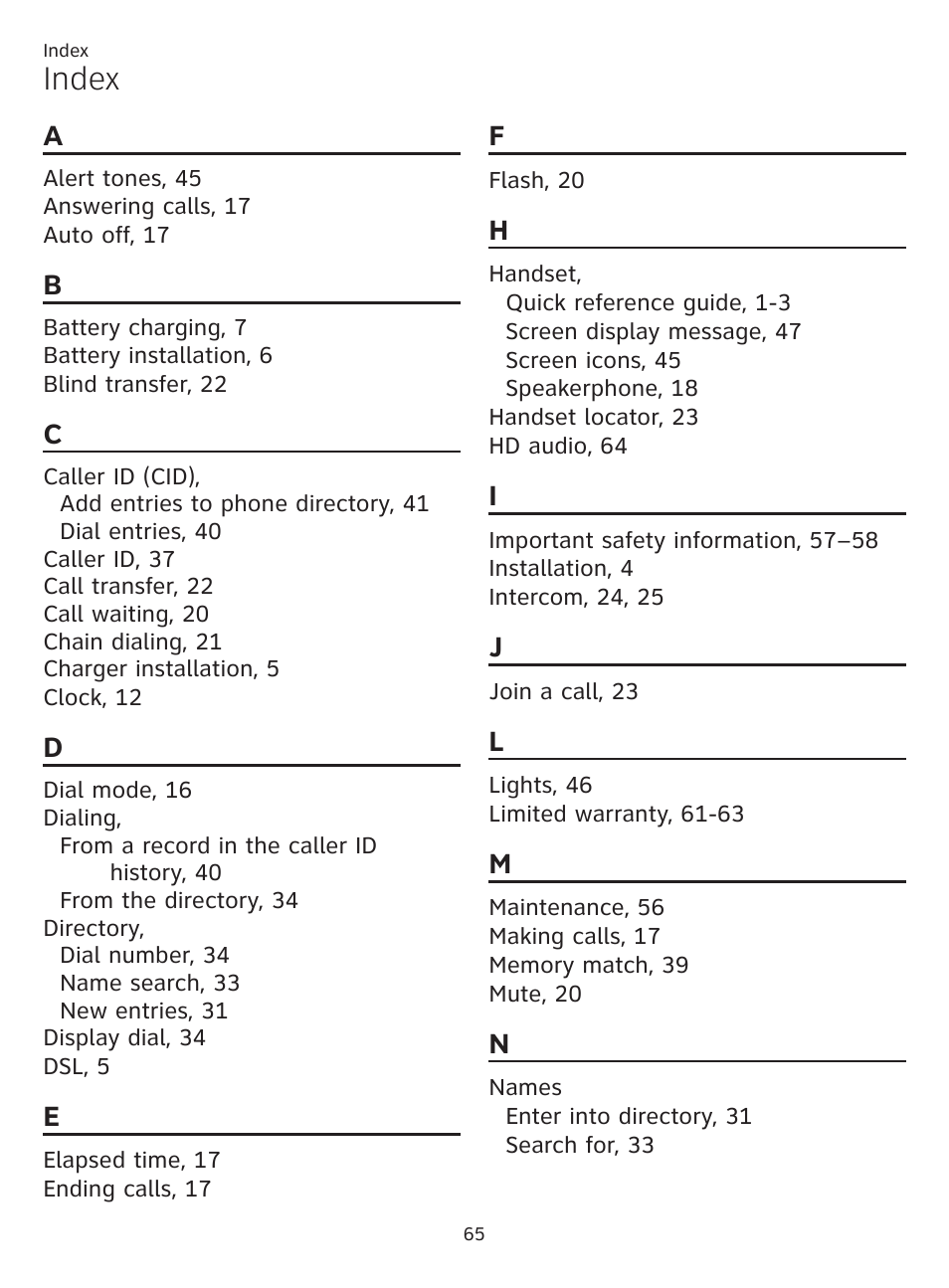 Index | AT&T CL81201 User Manual | Page 70 / 72