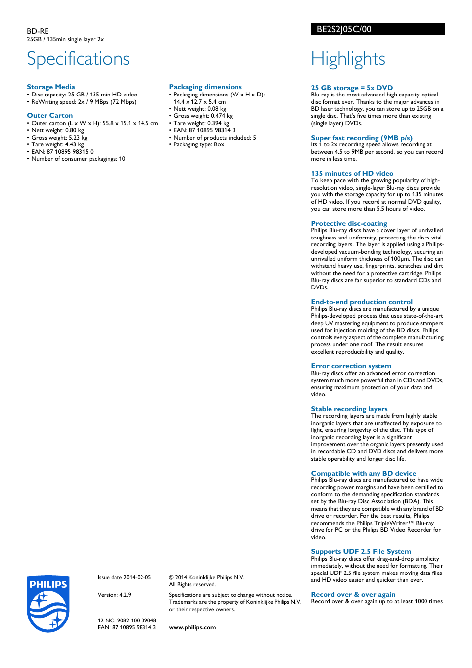 Specifications, Highlights | Philips BD-RE User Manual | Page 2 / 2
