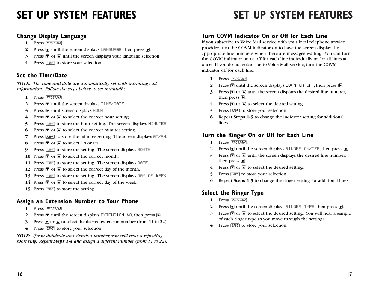 Set up system features, Change display language, Set the time/date | Assign an extension number to your phone, Turn covm indicator on or off for each line, Turn the ringer on or off for each line, Select the ringer type | AT&T 955 User Manual | Page 10 / 36