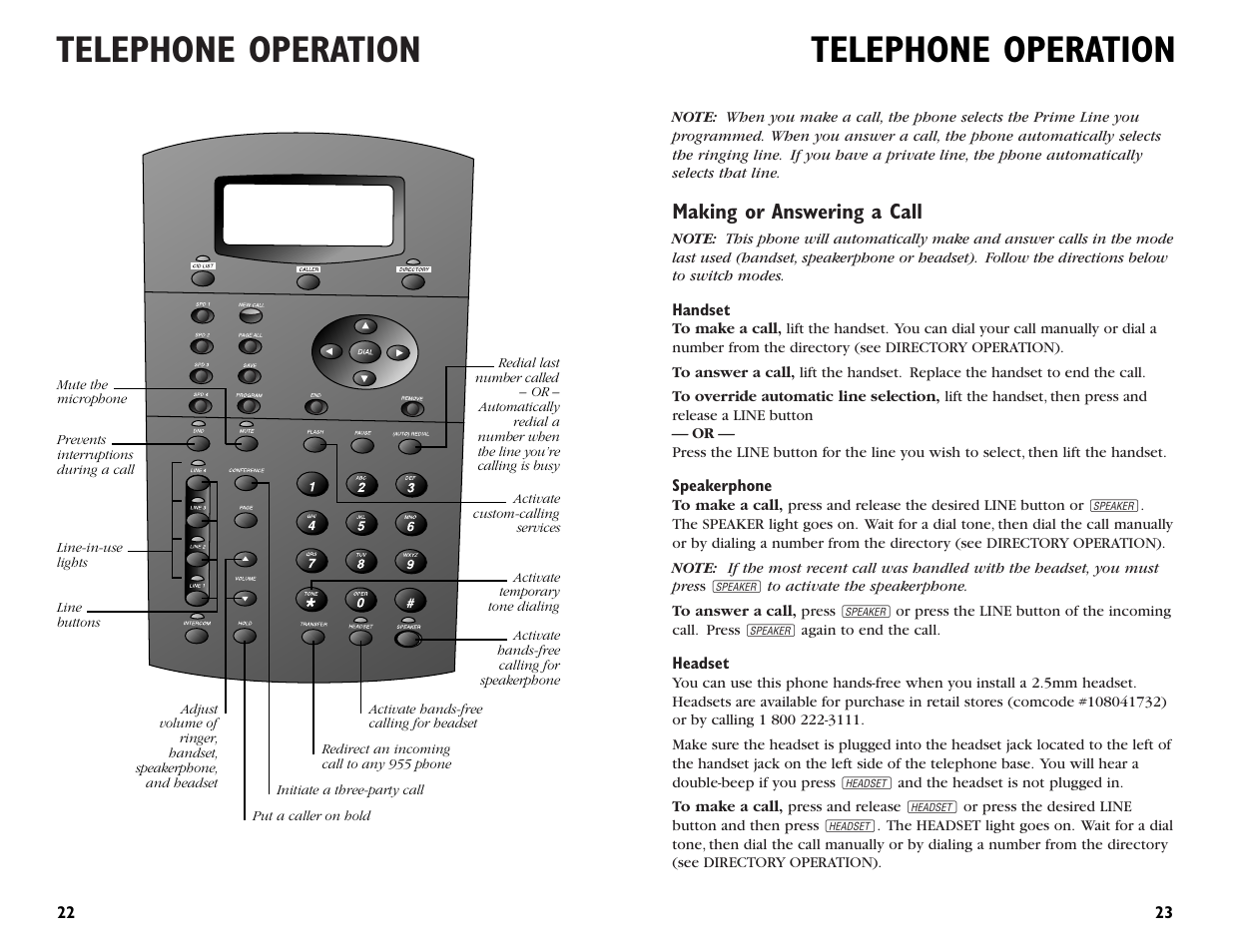 Telephone operation, Making or answering a call | AT&T 955 User Manual | Page 13 / 36
