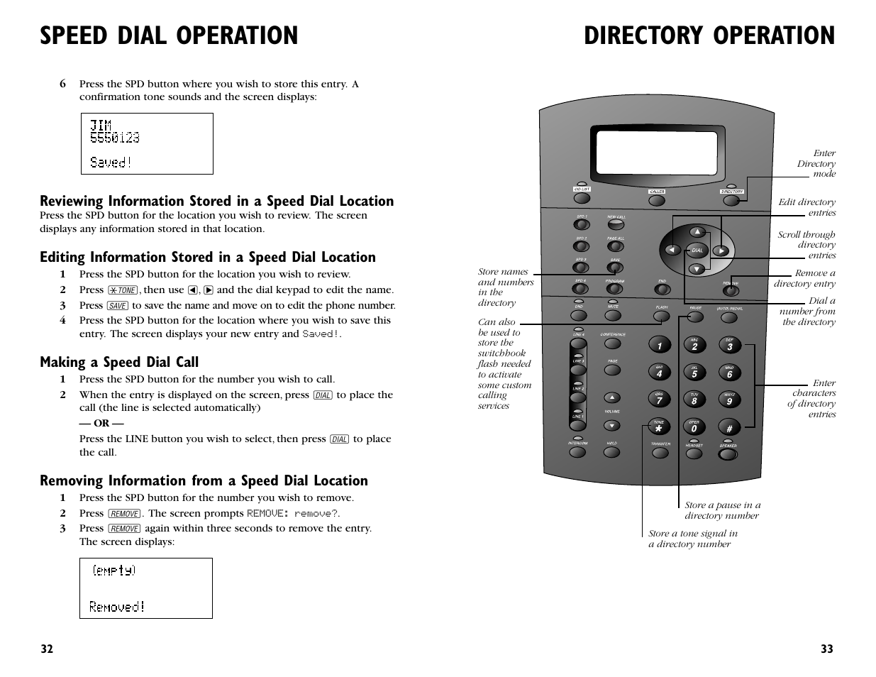 Directory operation, Speed dial operation, Making a speed dial call | Removing information from a speed dial location | AT&T 955 User Manual | Page 18 / 36