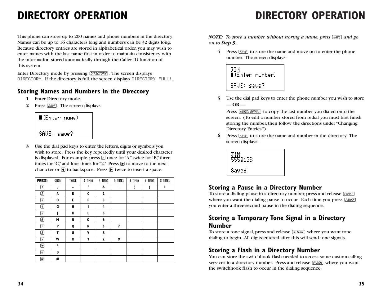 Directory operation, Storing names and numbers in the directory, Storing a pause in a directory number | Storing a flash in a directory number | AT&T 955 User Manual | Page 19 / 36