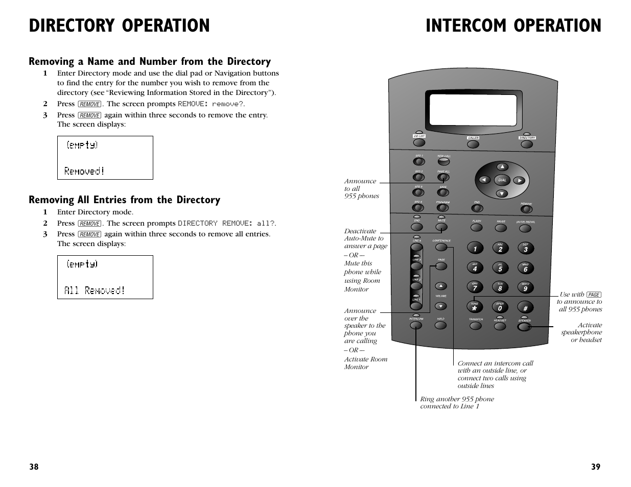 Intercom operation, Directory operation, Removing a name and number from the directory | Removing all entries from the directory | AT&T 955 User Manual | Page 21 / 36