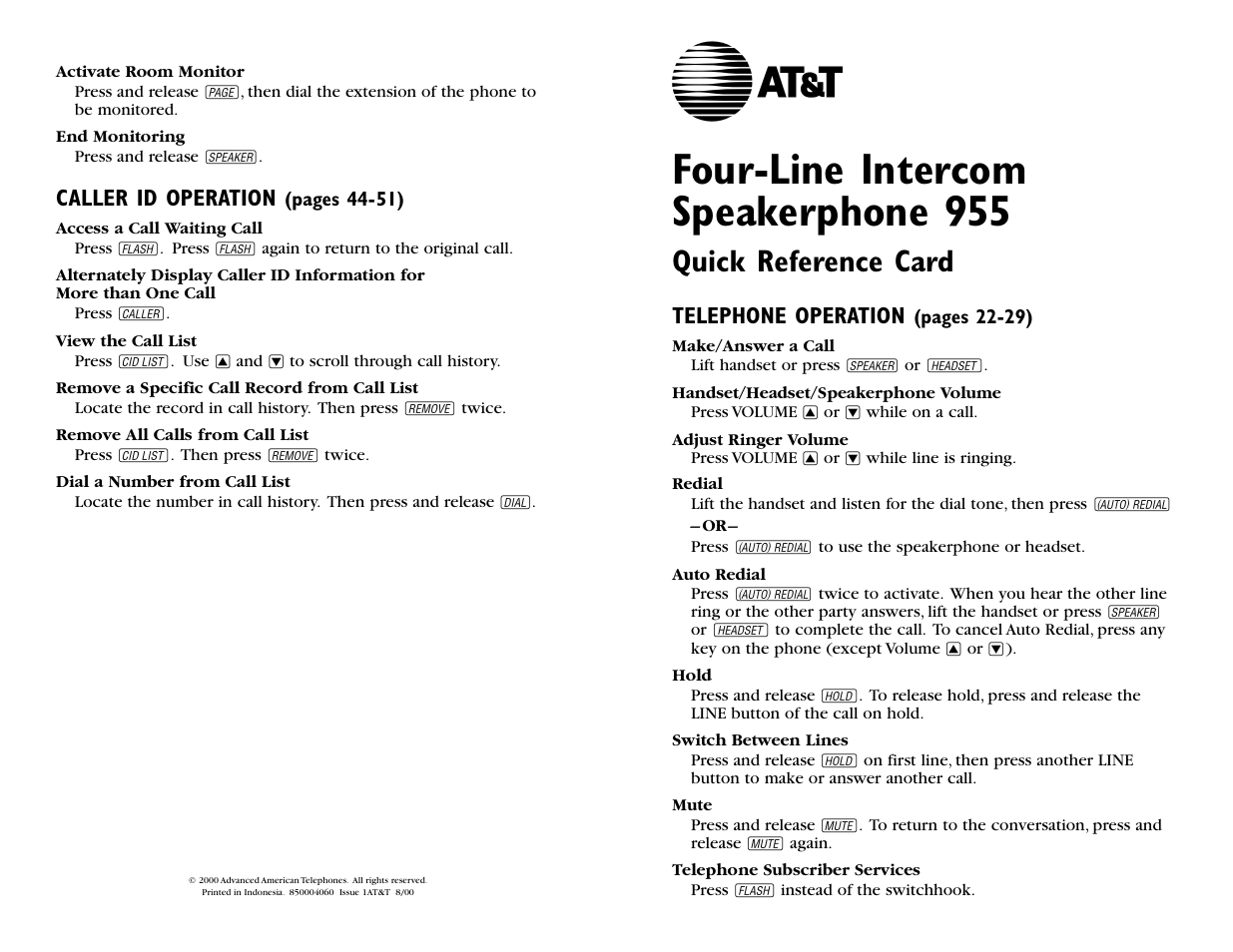 Four-line intercom speakerphone 955, Quick reference card | AT&T 955 User Manual | Page 35 / 36
