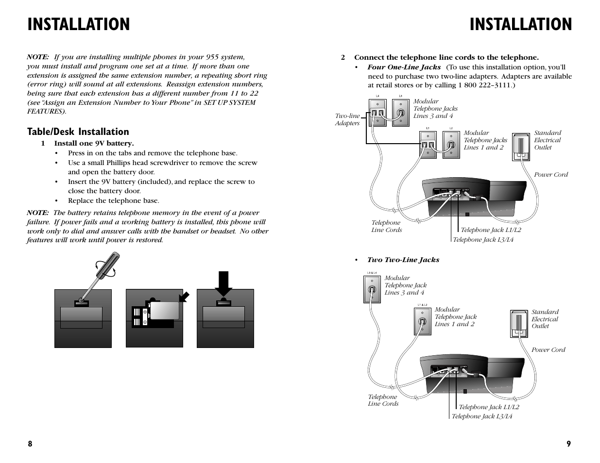 Installation, Table/desk installation | AT&T 955 User Manual | Page 6 / 36