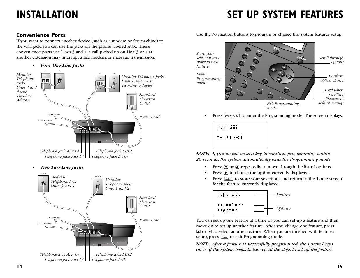Set up system features, Installation, Convenience ports | AT&T 955 User Manual | Page 9 / 36