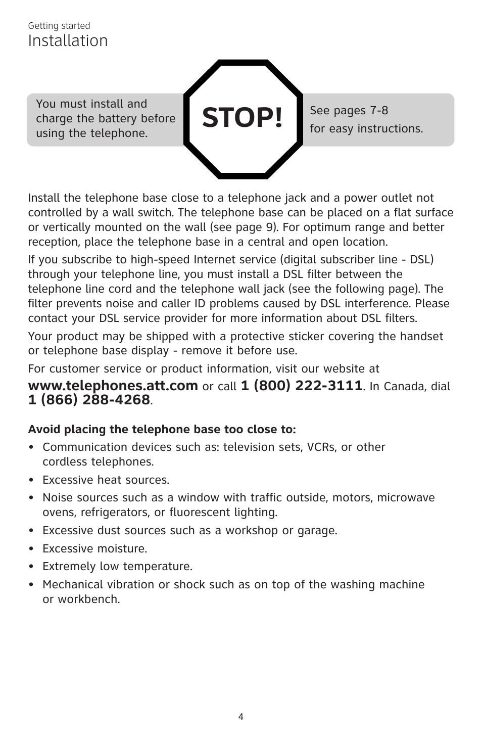 Stop, Installation | AT&T CL84200 User Manual | Page 10 / 101