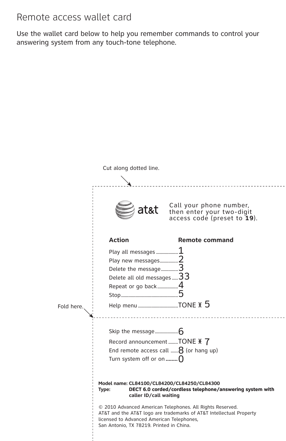 Remote access wallet card | AT&T CL84200 User Manual | Page 100 / 101