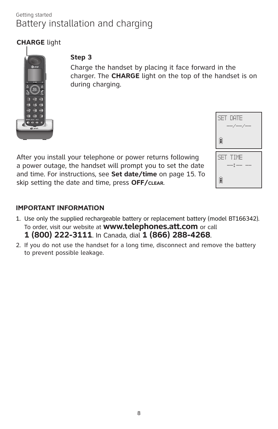 Battery installation and charging | AT&T CL84200 User Manual | Page 14 / 101