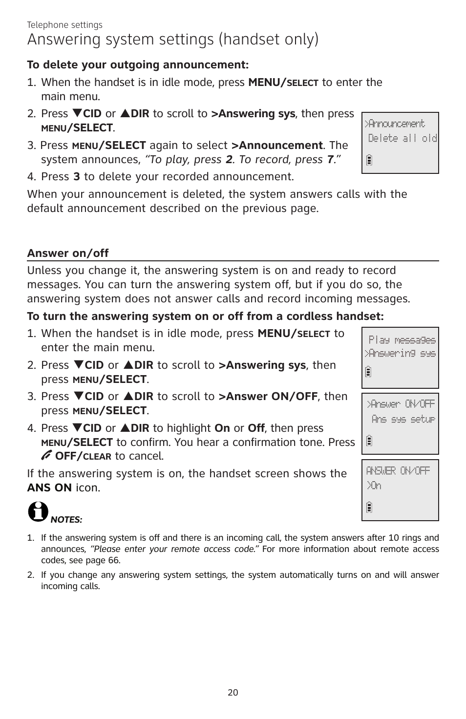 Answering system settings (handset only) | AT&T CL84200 User Manual | Page 26 / 101
