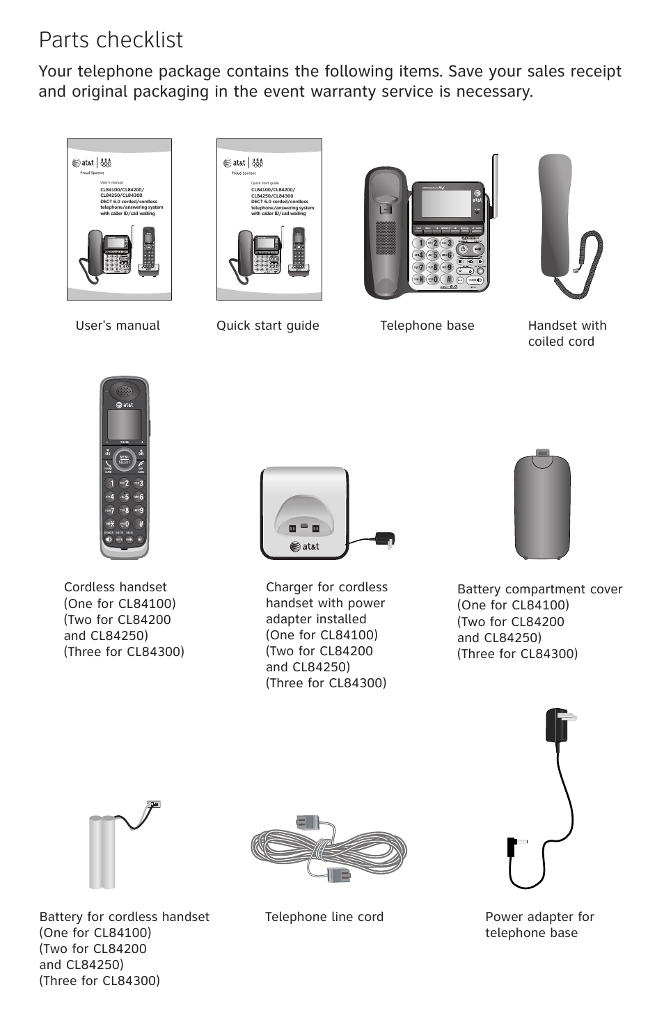 Parts checklist | AT&T CL84200 User Manual | Page 3 / 101