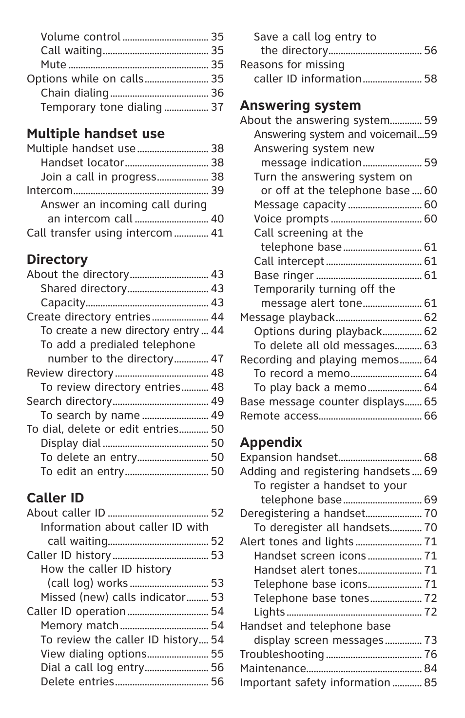 Multiple handset use, Directory, Caller id | Answering system, Appendix | AT&T CL84200 User Manual | Page 5 / 101